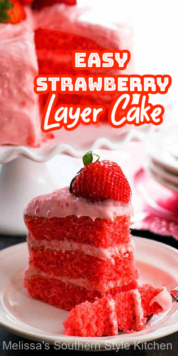 This Easy Strawberry Layer Cake is absolute deliciousness! #strawberrycake #easystrawberrycake #strawberries #cakemixhacks #desserts #dessertfoodrecipes #holidayrecipes #holidaydesserts #summer #spring #easter #sweets #southernfood #southernrecipes via @melissasssk