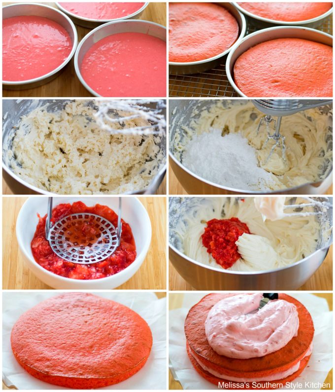 step-by-step images and ingredients to make strawberry cake