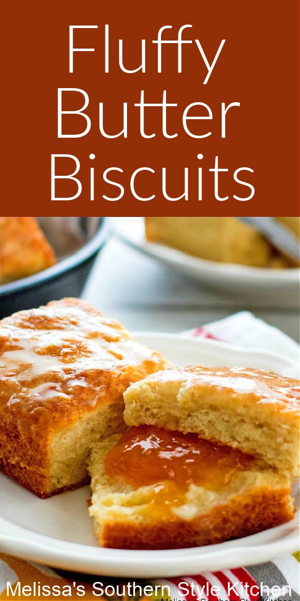 These buttery Fluffy Butter Biscuits are cut into squares using a knife, no biscuit cutter required! #biscuits #butterbiscuits #southernbiscuits #easyrecipes #buttermilkbiscuits #biscuitrecipes #southernfood #southernrecipes #breakfast #bread #brunch #holidayrecipes #holidaybrunchrecipes