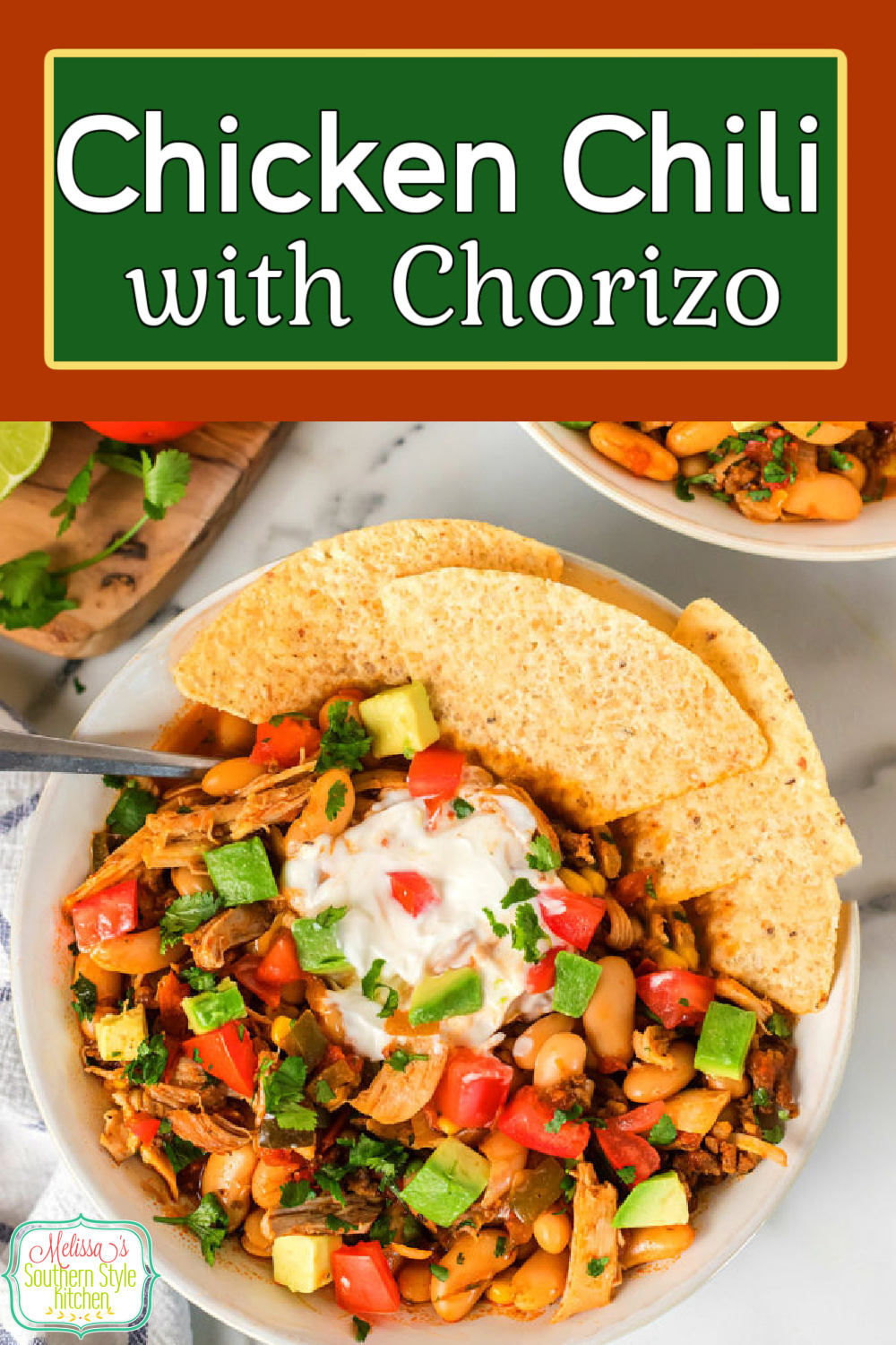 This vibrant Chicken Chili is packed with color and a pop of flavor, too! #chickenchili #chicken #chilirecipes #easychickenrecipes #dinnerideas #dinner #chili #southernfood #southernrecipes