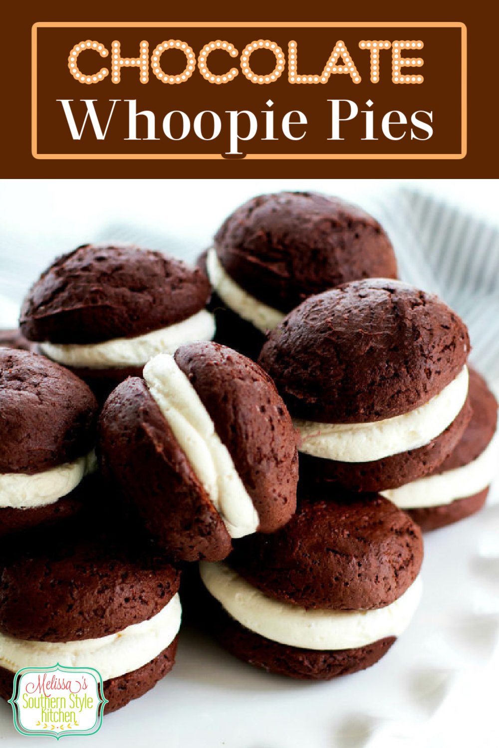 Soft pillowy Chocolate Whoopie Pies are sandwiched together with marshmallow cream making them the ultimate handheld treat #whoopiepies #chocolate #chocolatewhoopiepies #chocolatepie #holidaybaking #holidaydesserts #marshmallows #cookies #southernfood #southernrecipes #desserts #dessertfoodrecipes