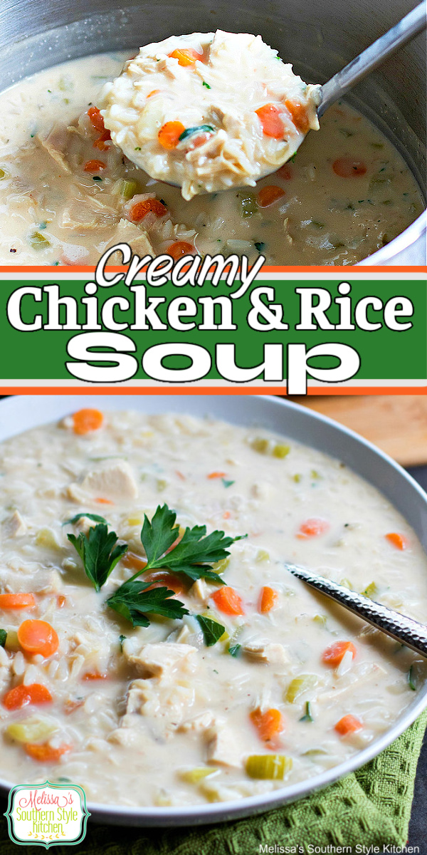 Cozy up to a bowl of Easy Creamy Chicken Rice Soup for dinner tonight #chickenricesoup #chickensoup #creamychicken #chickenrecipes #souprecipes #easyrecipes #chicken #soup #food #recipes #dinnerideas #dinner #southernrecipes #southernfood #meloissassouthernstylekitchen via @melissasssk