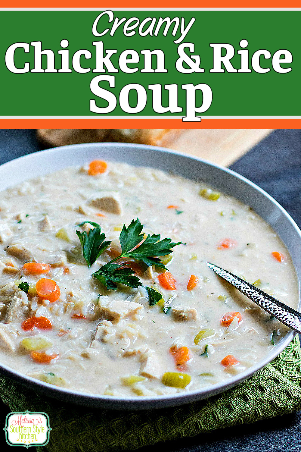 Cozy up to a bowl of Easy Creamy Chicken Rice Soup for dinner tonight #chickenricesoup #chickensoup #creamychicken #chickenrecipes #souprecipes #easyrecipes #chicken #soup #food #recipes #dinnerideas #dinner #southernrecipes #southernfood #meloissassouthernstylekitchen via @melissasssk
