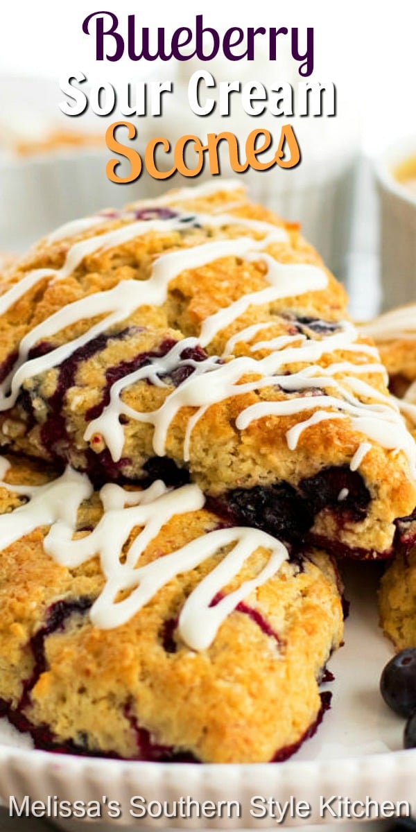 Make breakfast, brunch or tea time complete with these Blueberry Sour Cream Scones #blueberryscones #scones #brunch #breakfast #blueberryrecipes #desserts #teatime #glazedscones #southernrecipes #southernfood #dessertfoodrecipes