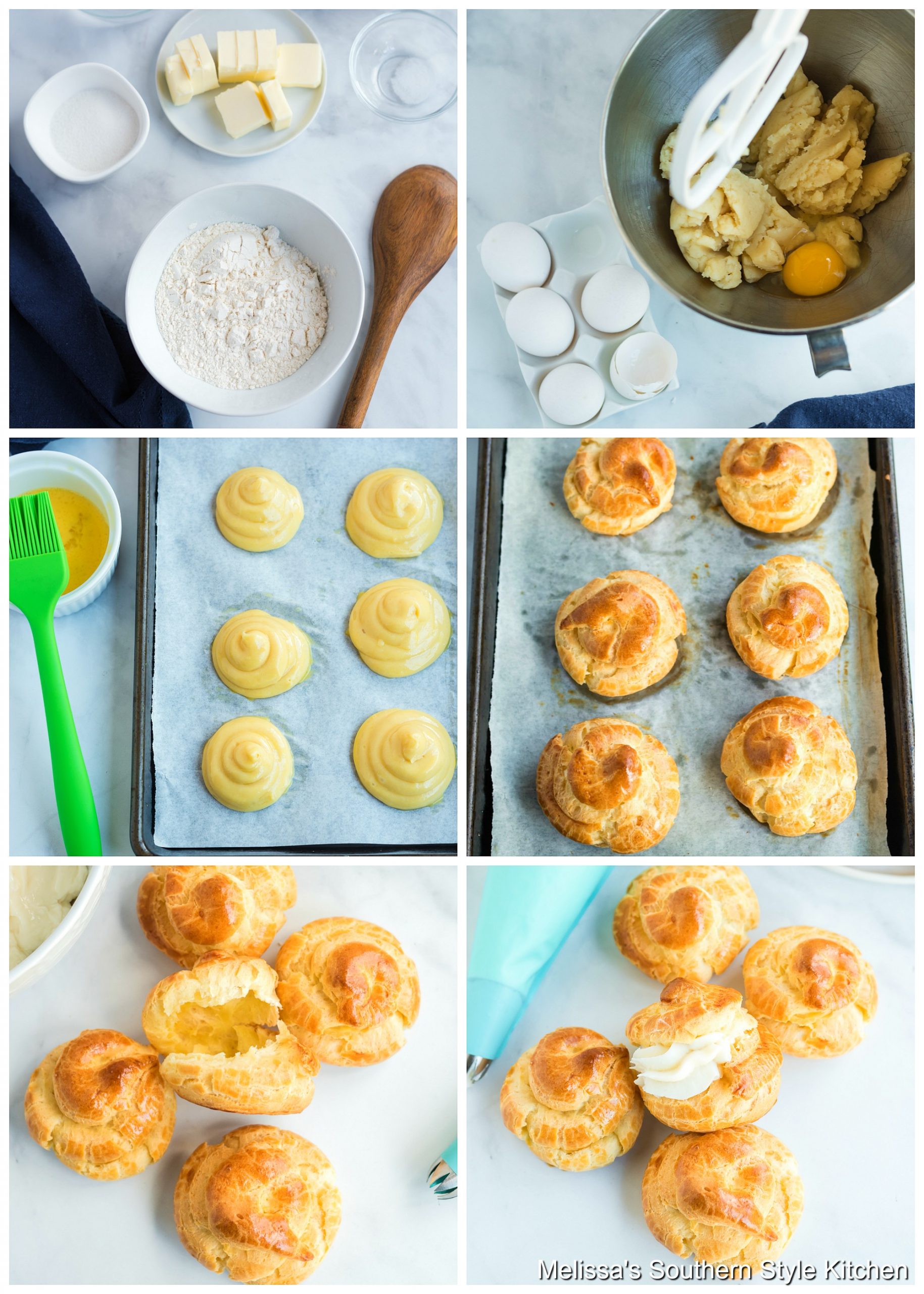 Step-by-step preparation images and ingredients to make Cream Puffs