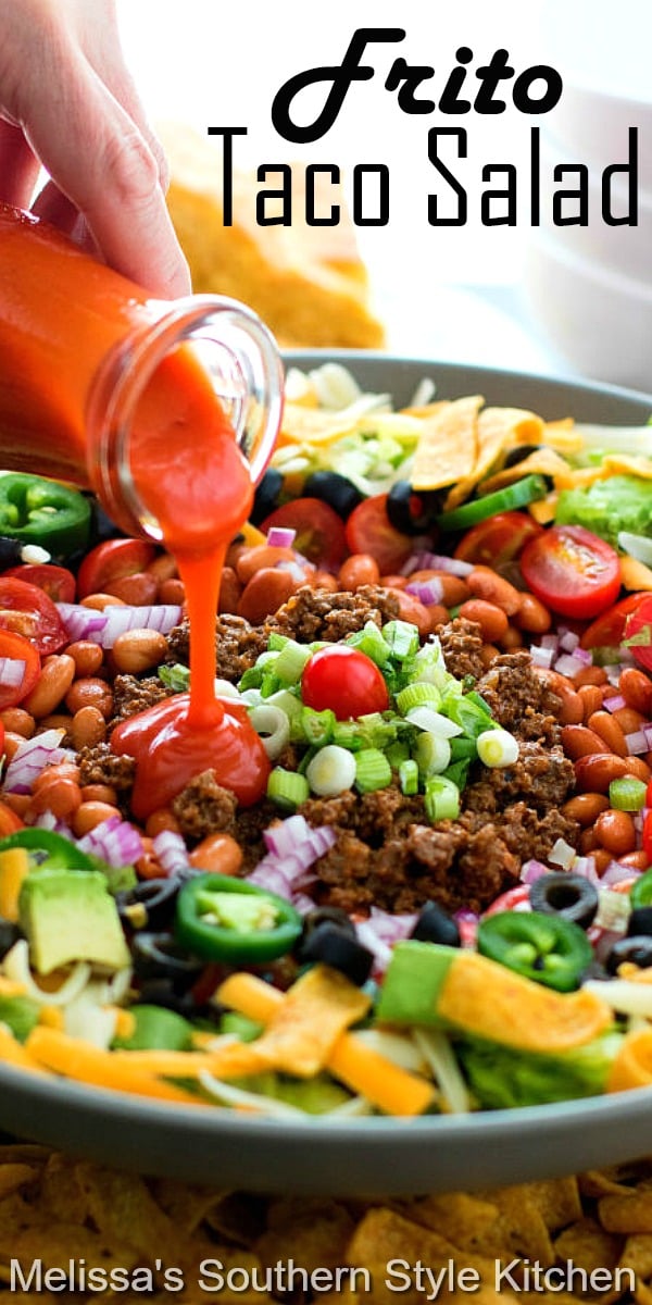 Whip-up this Frito Taco Salad for dinner and game day snacking #fritosalad #tacosalad #saladrecipes #dinnerideas #groundbeefrecipes #tacos #fritosalad #easyrecipes #southernrecipes #southernfood #melissassouthernstylekitchen