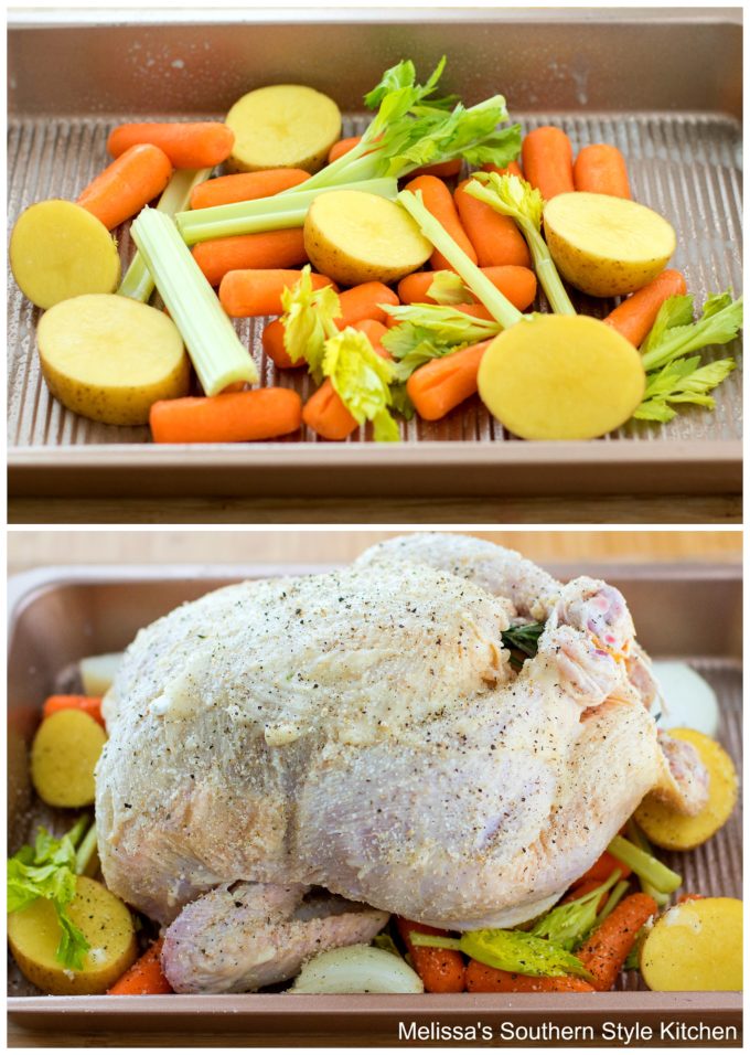 mixed vegetables and whole chicken in a roasting pan