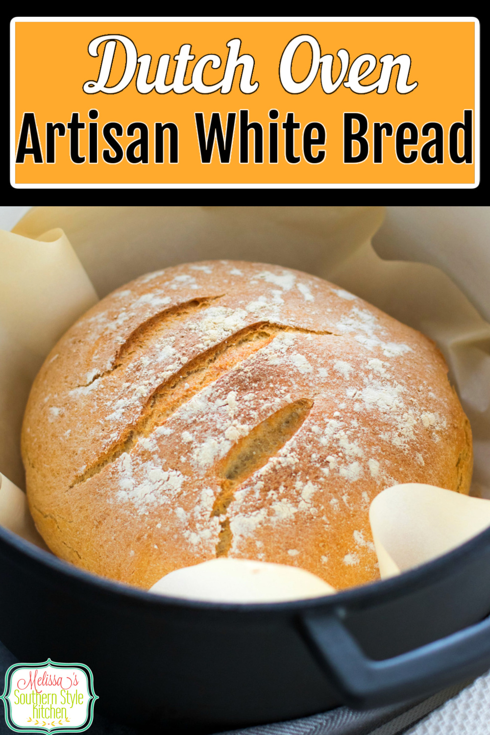 Make your own Dutch Oven Artisan White Bread at home for sandwiches, toast or as a delicious side kick for soups and stews #artisanbread #whitebread #breadrecipes #dutchovenbread #southernrecipes #southernfood #bread #dinnerideas #brunch #breakfast via @melissasssk