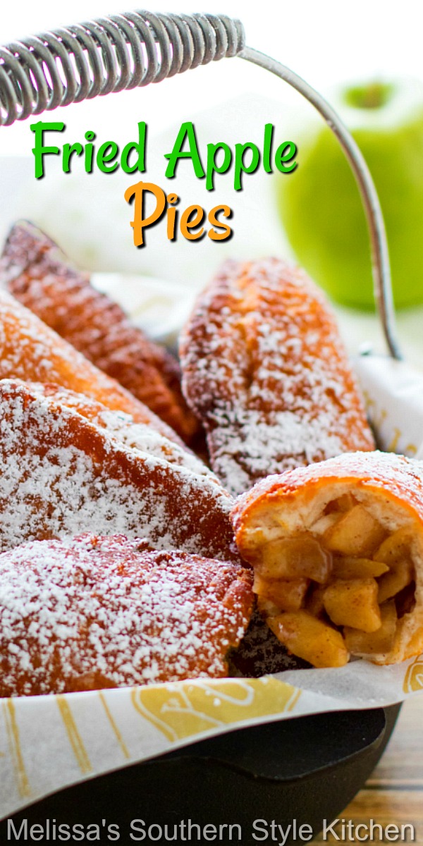 Enjoy these Easy Fried Apple Pies with a dusting of powdered sugar for breakfast, brunch or dessert #friedapplepies #applepie #friedpies #apples #appledesserts #breakfast #brunch #southernfood #southernrecipes #desserts #dessertfoodrecipes