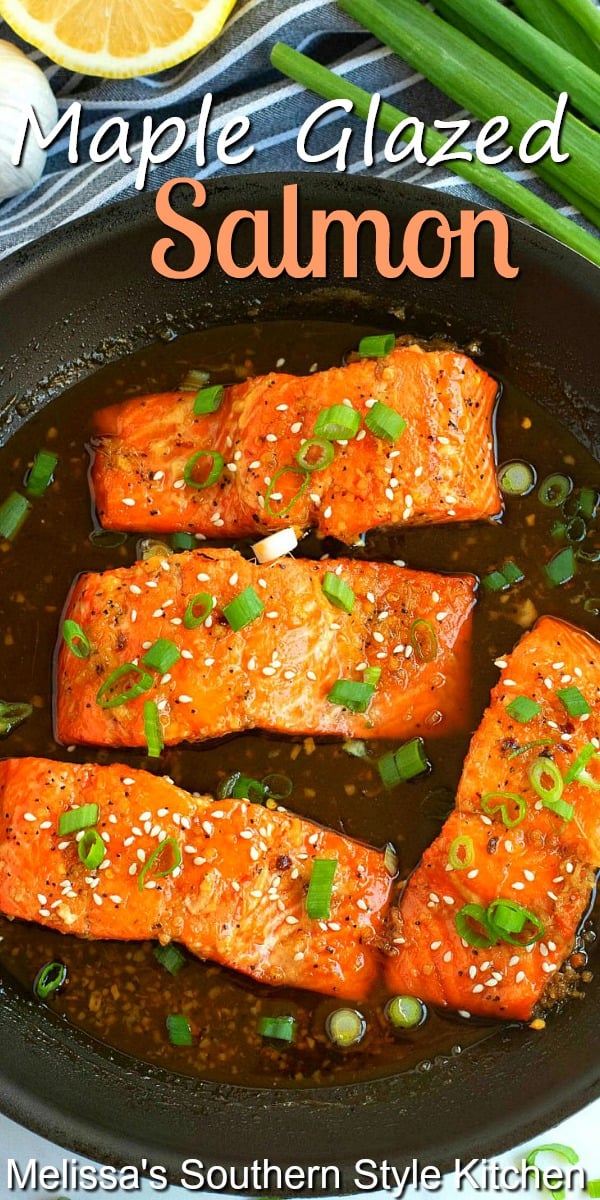 This Maple Glazed Salmon is ready and on the table in minutes #salmon #mapleglazedsalmon #salmonrecipes #dinner #seafoodrecipes #dinnerideas #southernfood #southernrecipes via @melissasssk