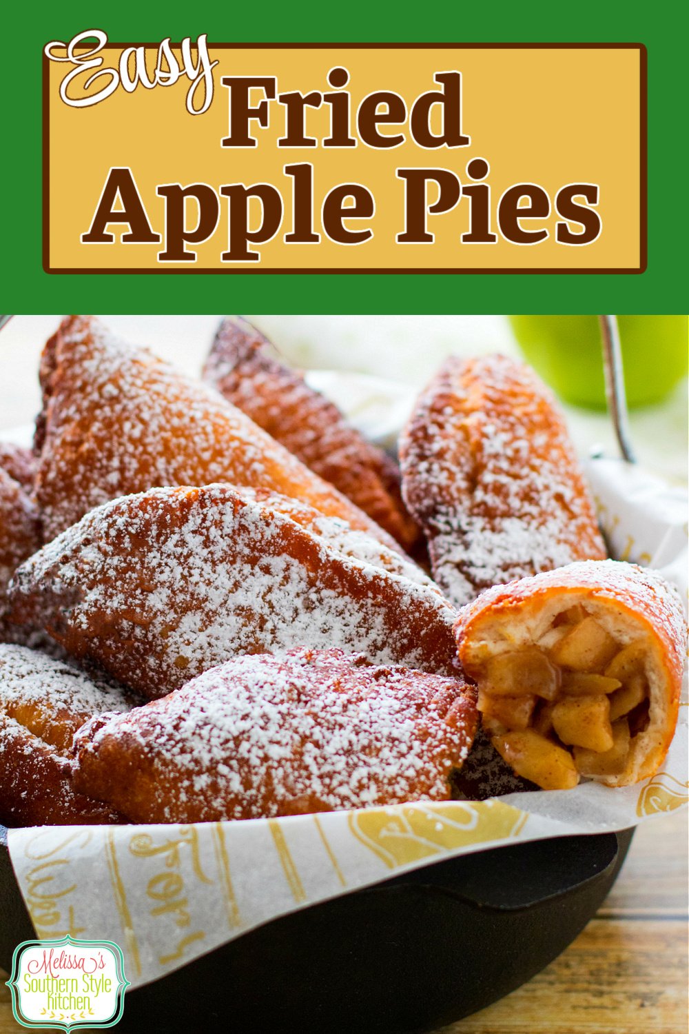 Enjoy these Easy Fried Apple Pies with a dusting of powdered sugar for breakfast, brunch or dessert #friedapplepies #applepie #friedpies #apples #appledesserts #breakfast #brunch #southernfood #southernrecipes #desserts #dessertfoodrecipes via @melissasssk
