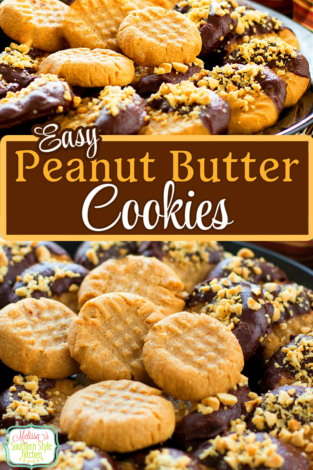 The world's best combo shines in these EASY Chocolate Dipped Peanut Butter Cookies #peanutbuttercookies #peanutbutter #cookierecipes #cookies #peanuts #chocolate #desserts #holidaybaking #holidays #easyrecipes #dessertfoodrecipes #southernfood #southernrecipes via @melissasssk