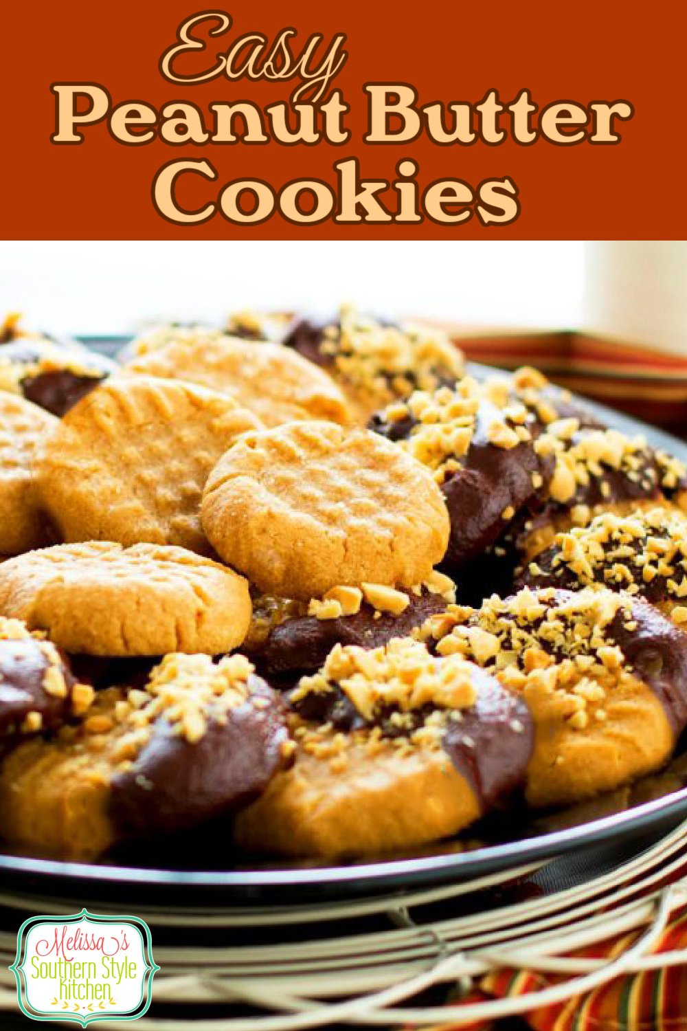 The world's best combo shines in these EASY Chocolate Dipped Peanut Butter Cookies #peanutbuttercookies #peanutbutter #cookierecipes #cookies #peanuts #chocolate #desserts #holidaybaking #holidays #easyrecipes #dessertfoodrecipes #southernfood #southernrecipes