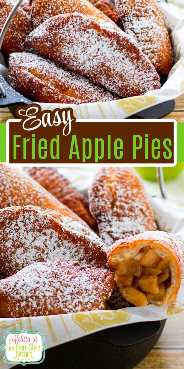 Enjoy these Easy Fried Apple Pies with a dusting of powdered sugar for breakfast, brunch or dessert #friedapplepies #applepie #friedpies #apples #appledesserts #breakfast #brunch #southernfood #southernrecipes #desserts #dessertfoodrecipes via @melissasssk