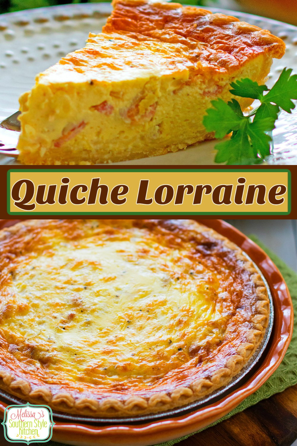 Quiche Lorraine features a smooth egg custard filled with Gruyere cheese, bacon and onion for a classic trio of flavors. #quichelorraine #quiche #quiche recipes #baconquiche #brunch #holidayrecipes #easterbrunch #christmasbrunch #thanksgivingbrunch #mothersday #breakfast #southernfood #southernrecipes #melissassouthernstylekitchen via @melissasssk