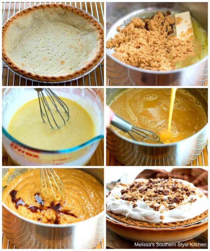 Step-by-step preparation images and ingredients for caramel pie