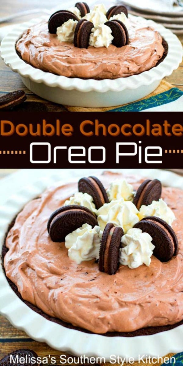 This creamy Double Chocolate Oreo Pie requires no cooking at all #doublechocolatepie #oreopie #nobakepierecipes #chocolate #desserts #dessertfoodrecipes #southernreipes #southernfood #Oreos #chocolatepie via @melissasssk
