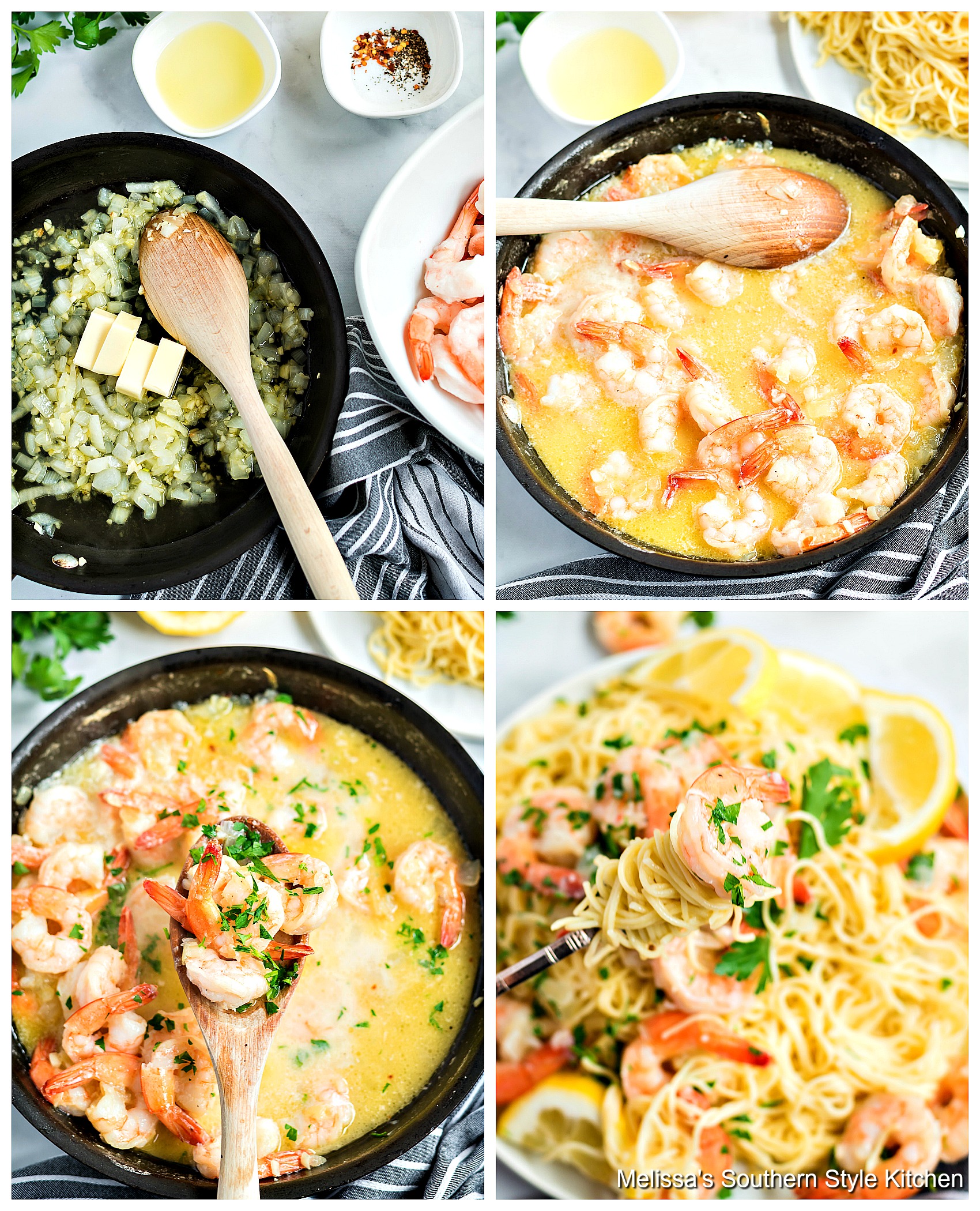 Step-by-step preparation images, shrimp and pasta to make shrimp scampi
