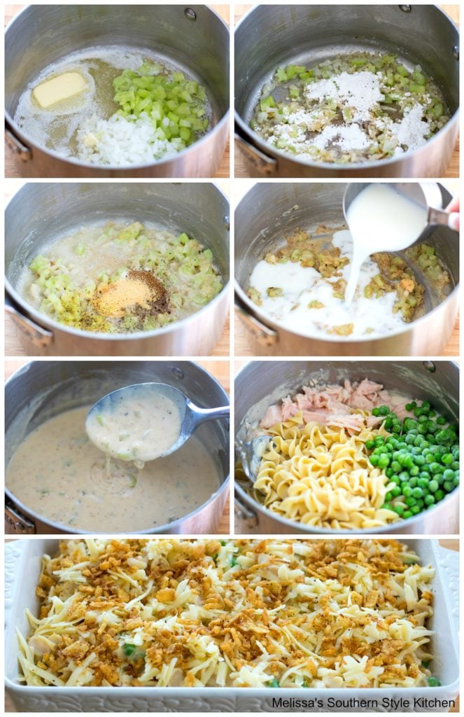 Step-by-step preparation images and ingredients for tuna casserole