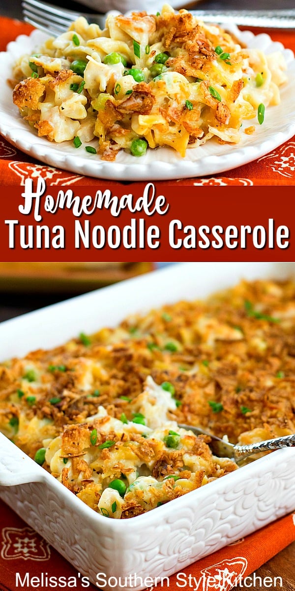 No canned soups needed to make this Homemade Tuna Noodle Casserole #tunacasserole #tunanoodlcasserole #casseroles #tunarecipes #seafood #casserolerecipes #pasta #dinnerideas #dinner #southernfood #southernrecipes