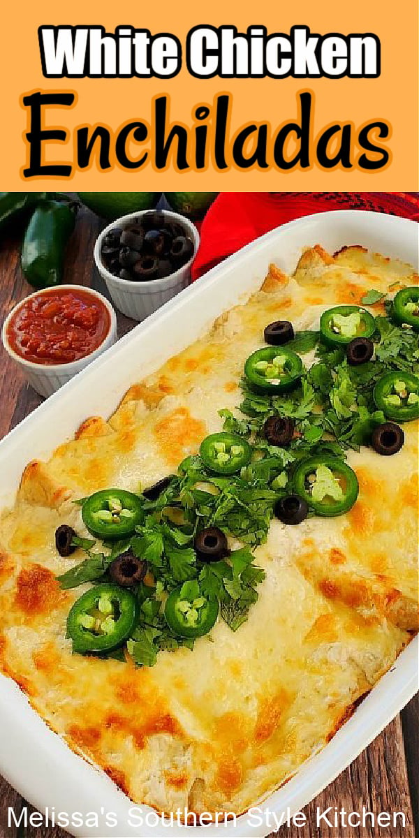 Cheesy and delicious White Chicken Enchiladas #chickenenchiladas #whitechickenenchiladas #sourcreamenchiladas #encholadas #easychickenrecipes #chicken #mexicanfood #whitesaucerecipe #dinnerideas #dinner #southernfood #southernrecipes