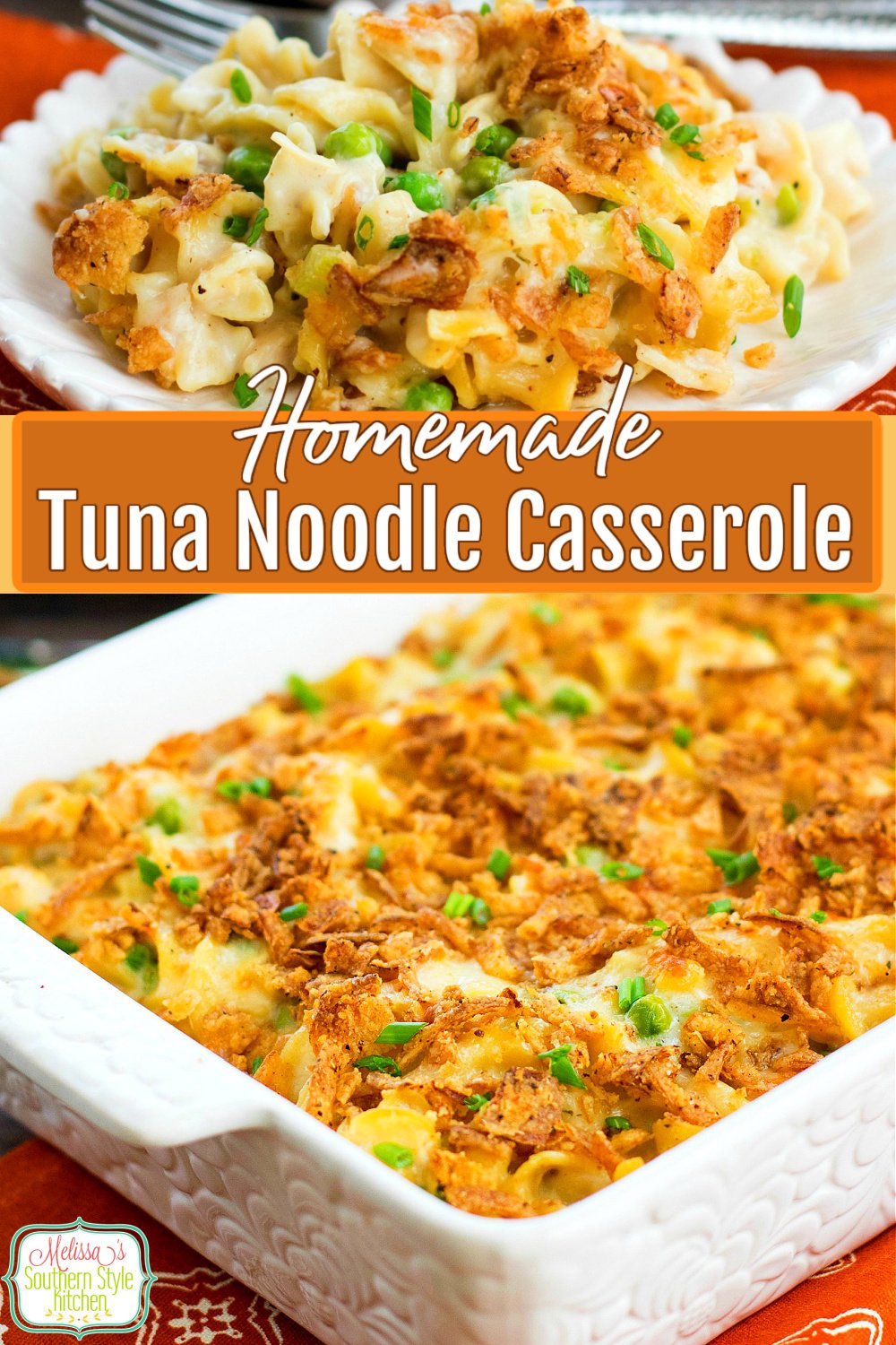 No canned soups needed to make this Homemade Tuna Noodle Casserole #tunacasserole #tunanoodlcasserole #casseroles #tunarecipes #seafood #casserolerecipes #pasta #dinnerideas #dinner #southernfood #southernrecipes via @melissasssk