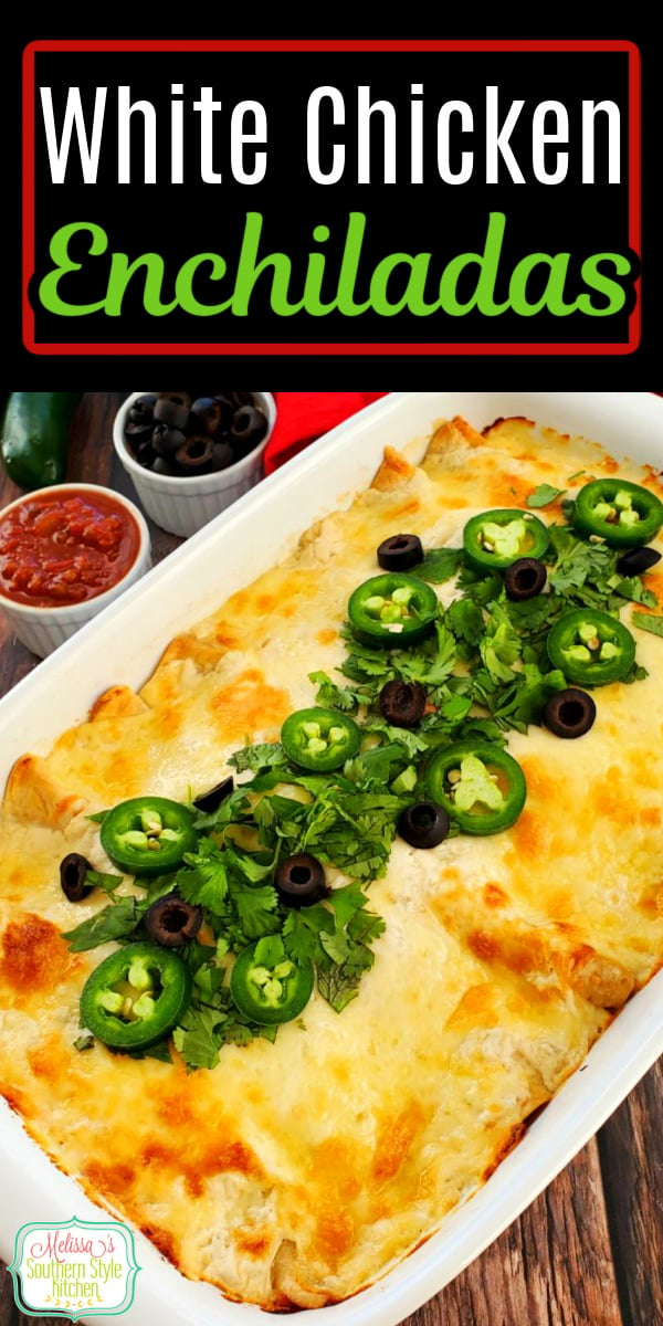 Cheesy and delicious White Chicken Enchiladas #chickenenchiladas #whitechickenenchiladas #sourcreamenchiladas #encholadas #easychickenrecipes #chicken #mexicanfood #whitesaucerecipe #dinnerideas #dinner #southernfood #southernrecipes via @melissasssk