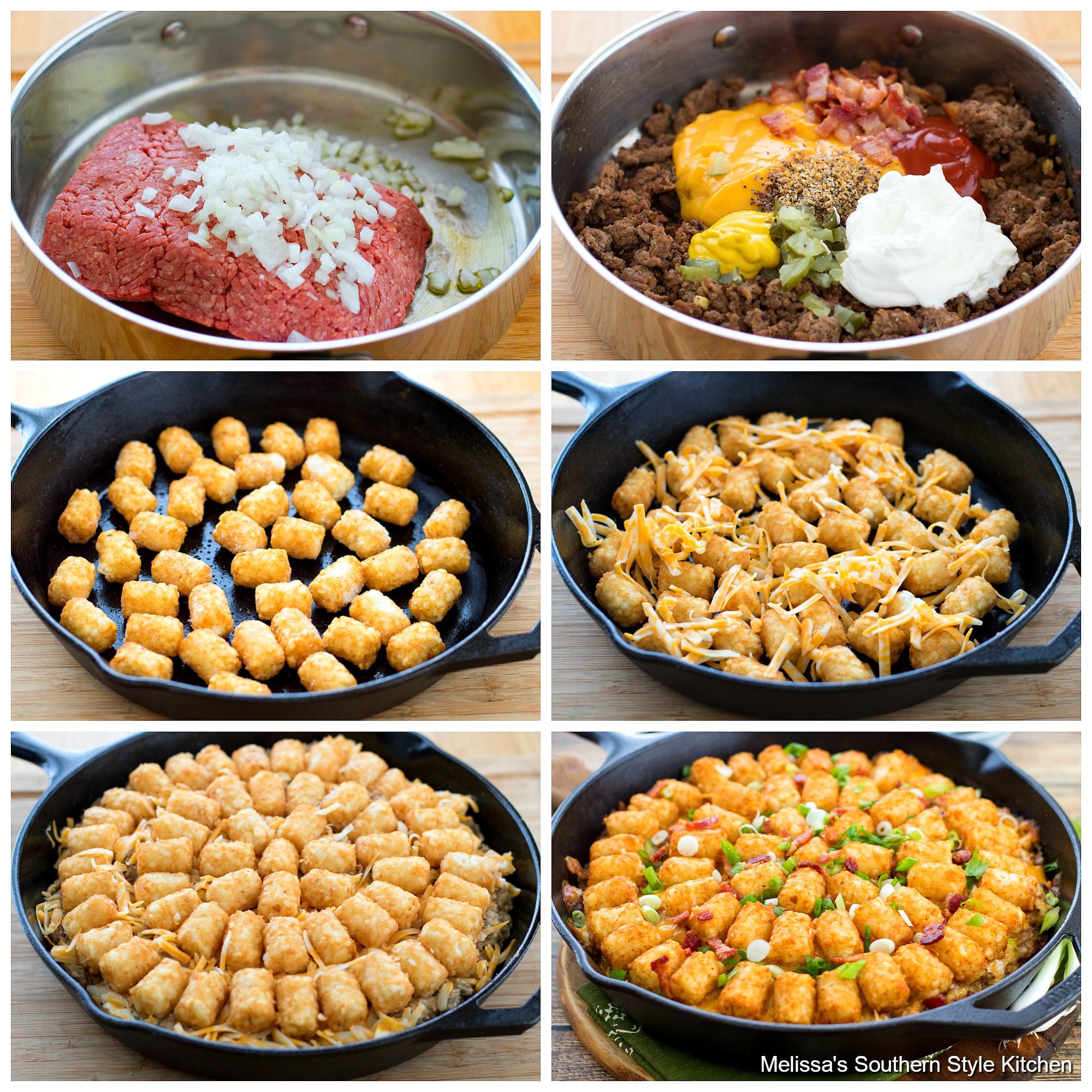 Step-by-step preparation images and ingredients for cheeseburger casserole