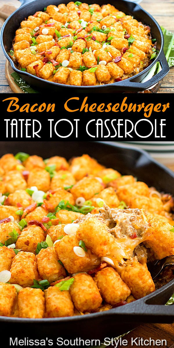 Bacon Cheeseburger Tater Tot Casserole features a flavorful cheeseburger filling topped with crispy potatoes is a one-dish-meal #cheeseburgercasserole #tatertotocasserole #cheeseburgers #easygroundbeefrecipes #dinner #dinnerideas #southernfood #southernrecipes #baconcheeseburgers