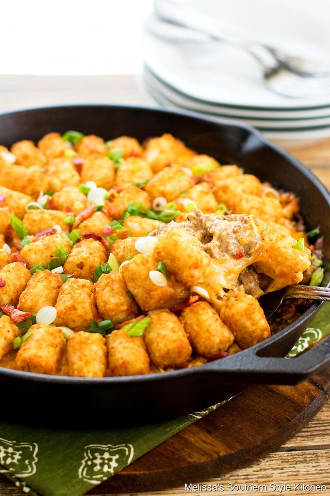 Bacon Cheeseburger Tater Tot Casserole in a cast iron skillet