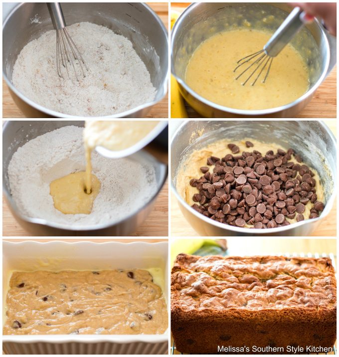 Step-by-step preparation images and ingredients for banana bread with chocolate chips