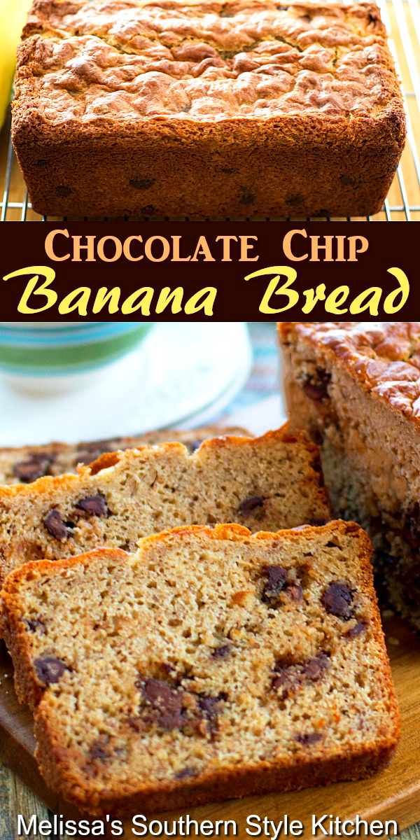 Enjoy a generous slice of Chocolate Chip Banana Bread for an any-time-of-day treat #bananabread #chocolatechip #chocolatechipbananabread #breadrecipes #bananas #brunch #teatime #breakfastrecipes #southernfood #southernrecipes