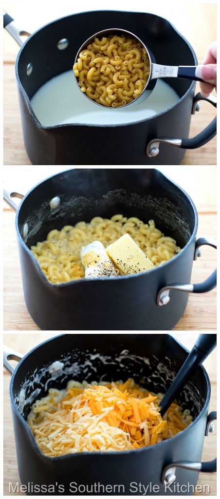 Step-by-step preparation images and ingredients for macaroni and cheese