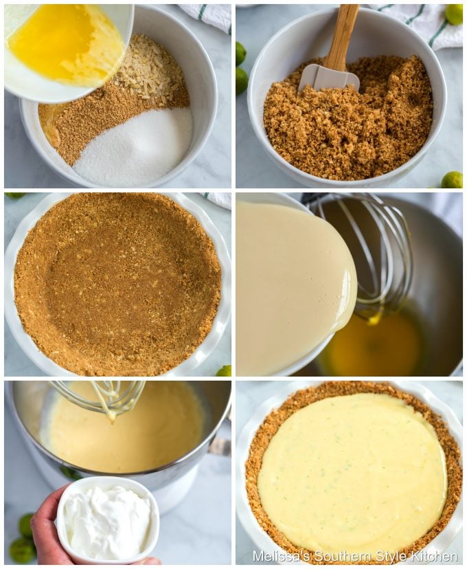 Step-by-step preparation images and ingredients for key lime pie