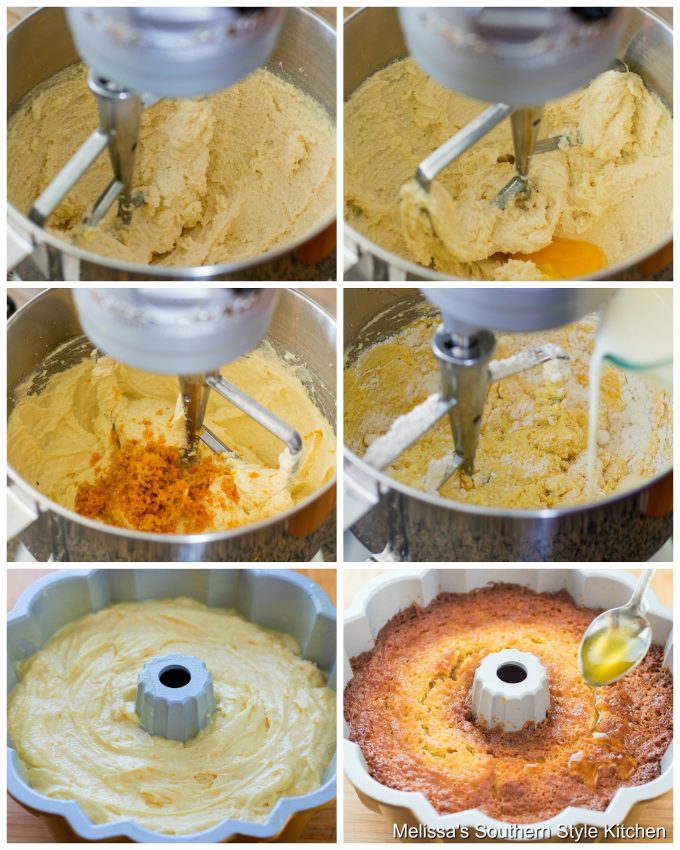 Step-by-step preparation images and ingredients for orange pound cake