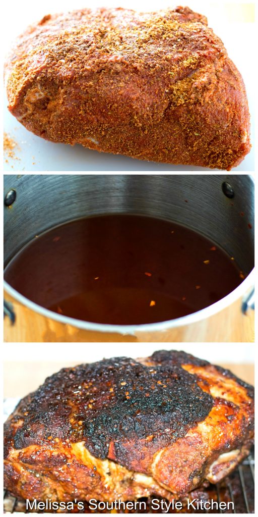 Step-by-step preparation images and ingredients for pulled pork