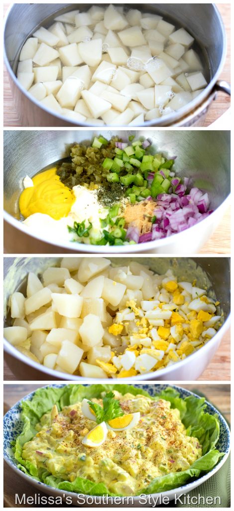 Step-by-step preparation images and ingredients for potato salad