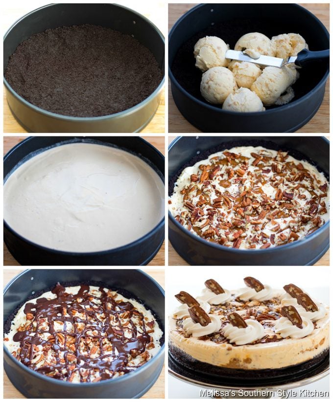 Step-by-step preparation images and ingredients for ice cream pie