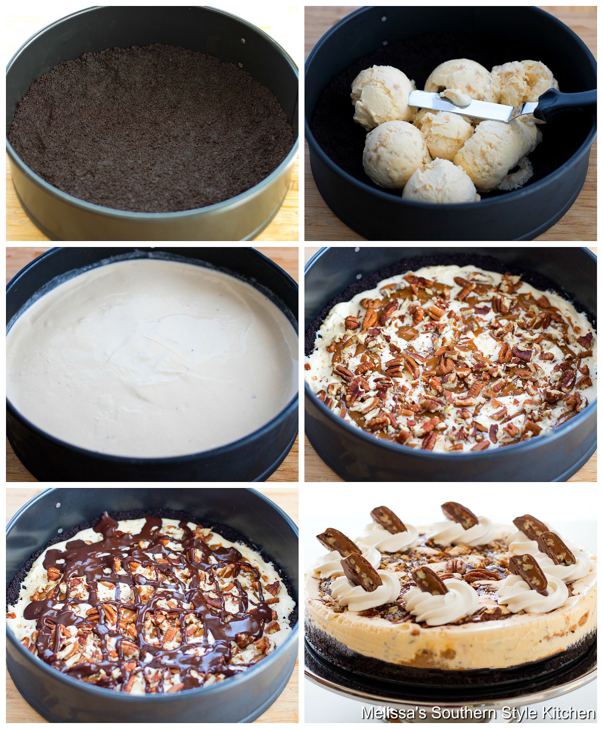 Step-by-step preparation images and ingredients for ice cream pie