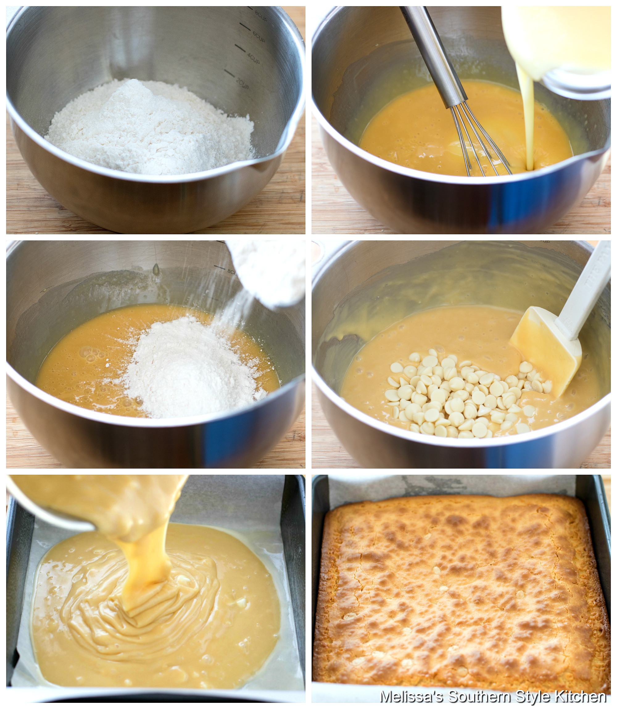 Step-by-step preparation images and ingredients for white chocolate brownies