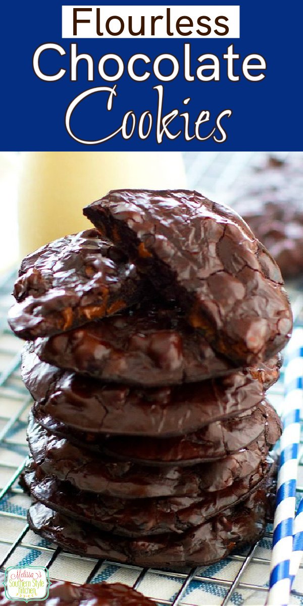 Rich and fudgy Flourless Chocolate Cookies! #chocolatecookies #glutenfreecookies #chocolate #cookierecipes #holidaybaking #holidays #christmascookies #flourlesscookies #desserts #dessertfoodrecipes #southernfood #southernrecipes via @melissasssk