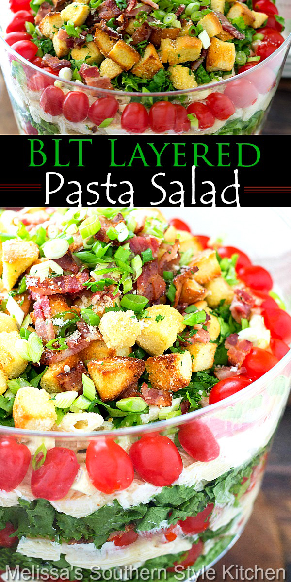 This BLT Layered Pasta Salad is an edible centerpiece that will make the perfect addition to your table #pastasalad #layeredsalad #BLT #BLTpastasalad #pastasaladrecipes #penne #bacon #salads #saladrecipes #pasta #dinnerideas #dinner #southernfood #southernrecipes
