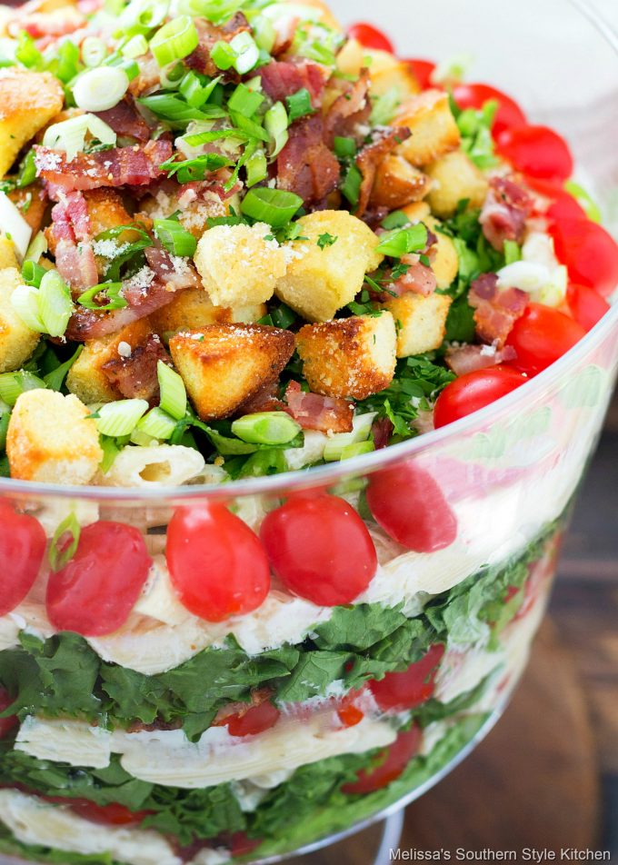 BLT Layered Pasta Salad in a trifle bowl
