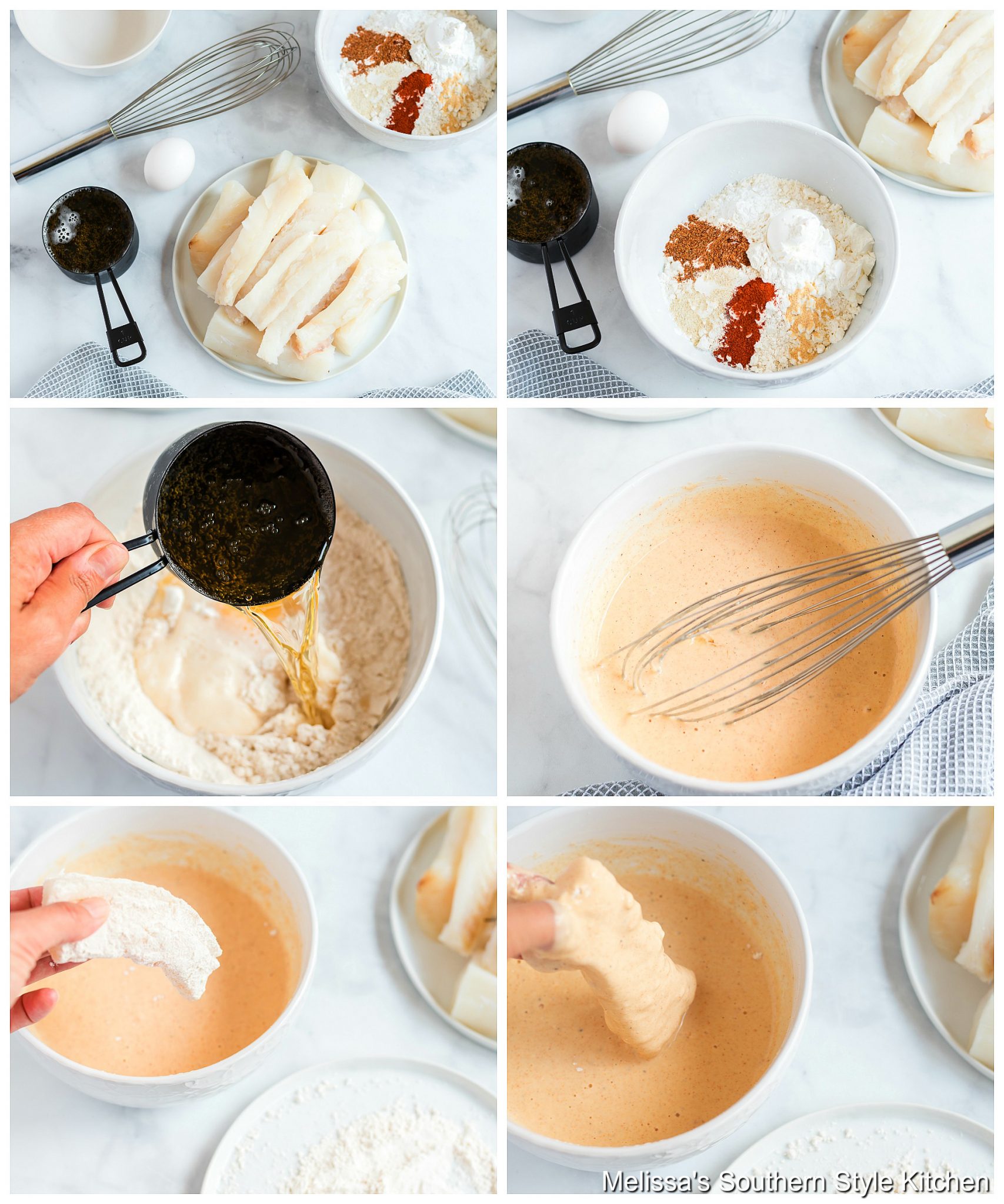 Step-by-step preparation images and ingredients for fried fish