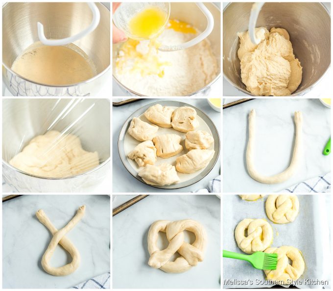 Step-by-step preparation images and ingredients for homemade pretzels
