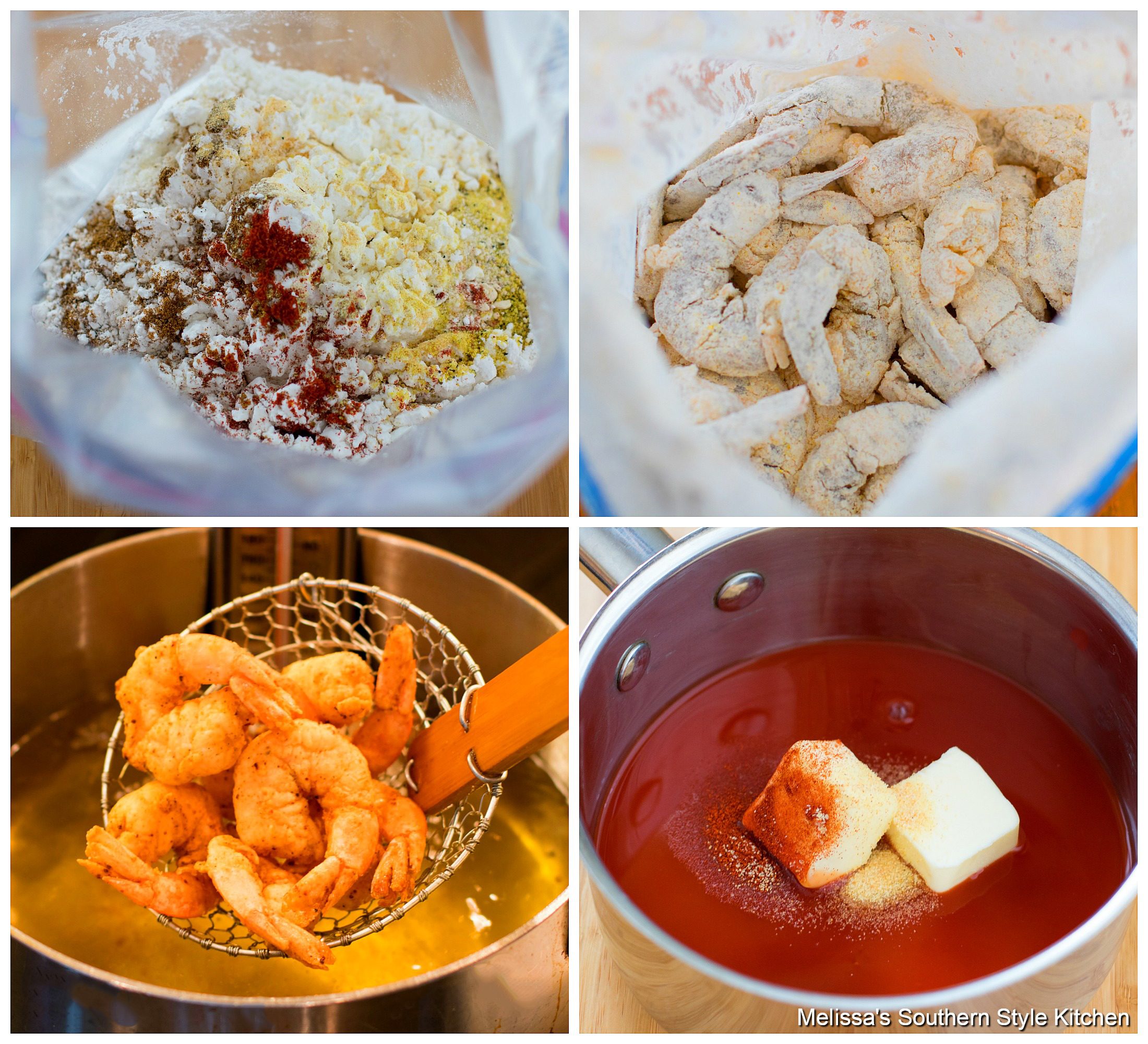 Step-by-step preparation images and ingredients for buffalo shrimp