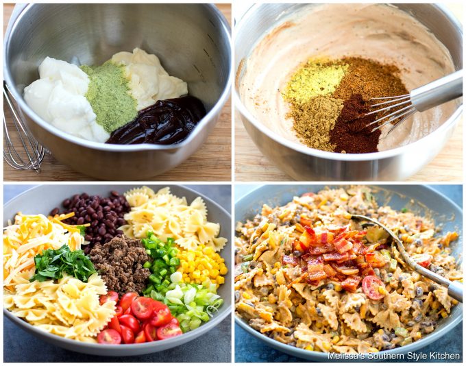 Step-by-step preparation images and ingredients for cowboy pasta salad