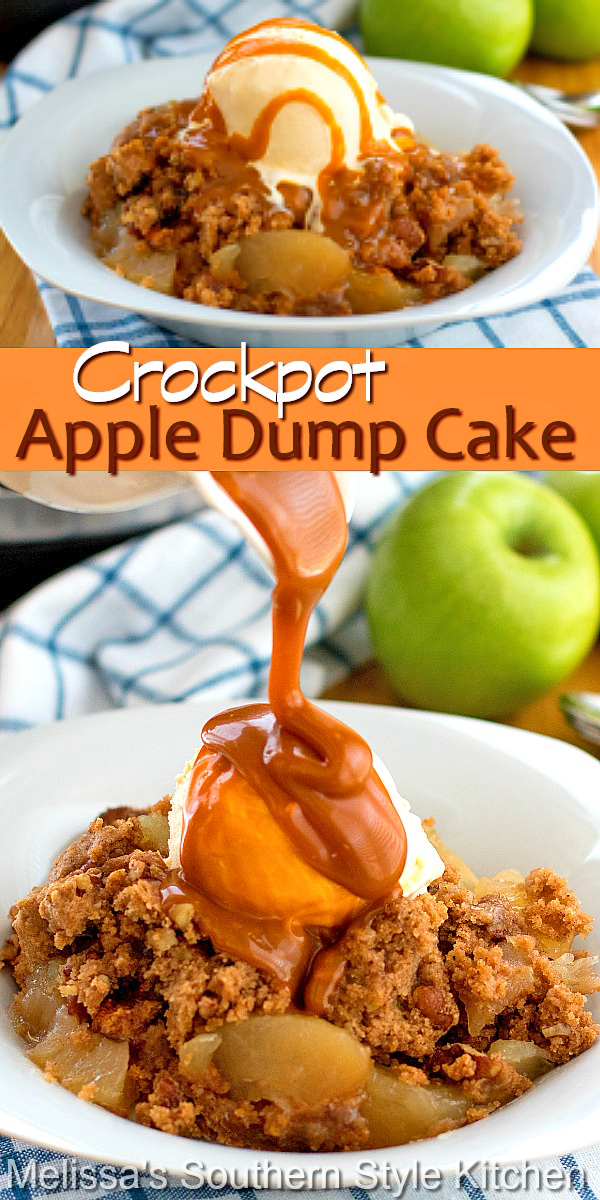 This easy Crockpot Apple Dump Cake takes minutes to assemble. Serve it with a generous scoop of vanilla ice cream and a drizzle of butterscotch ganache for the finish #crockpotappledumpcake #appledumpcake #apples #fallbaking #thanksgivingrecipes #slowcookercakes #cakerecipes #applecake #butterscotchsauce #cakes #dumpcakes #southernrecipes #southernfood