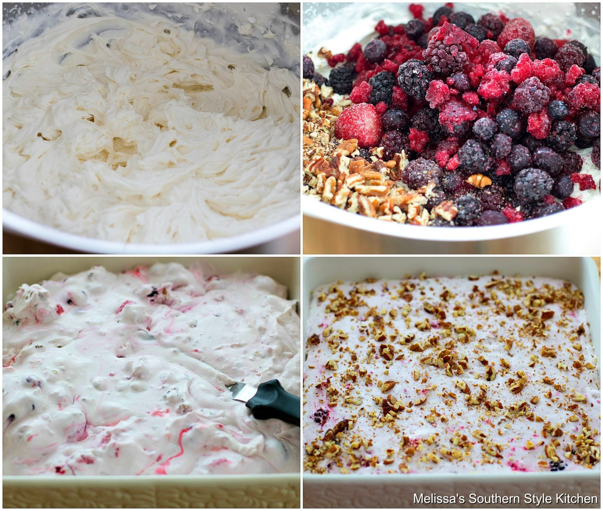 Step-by-step preparation images and ingredients for frozen fruit salad