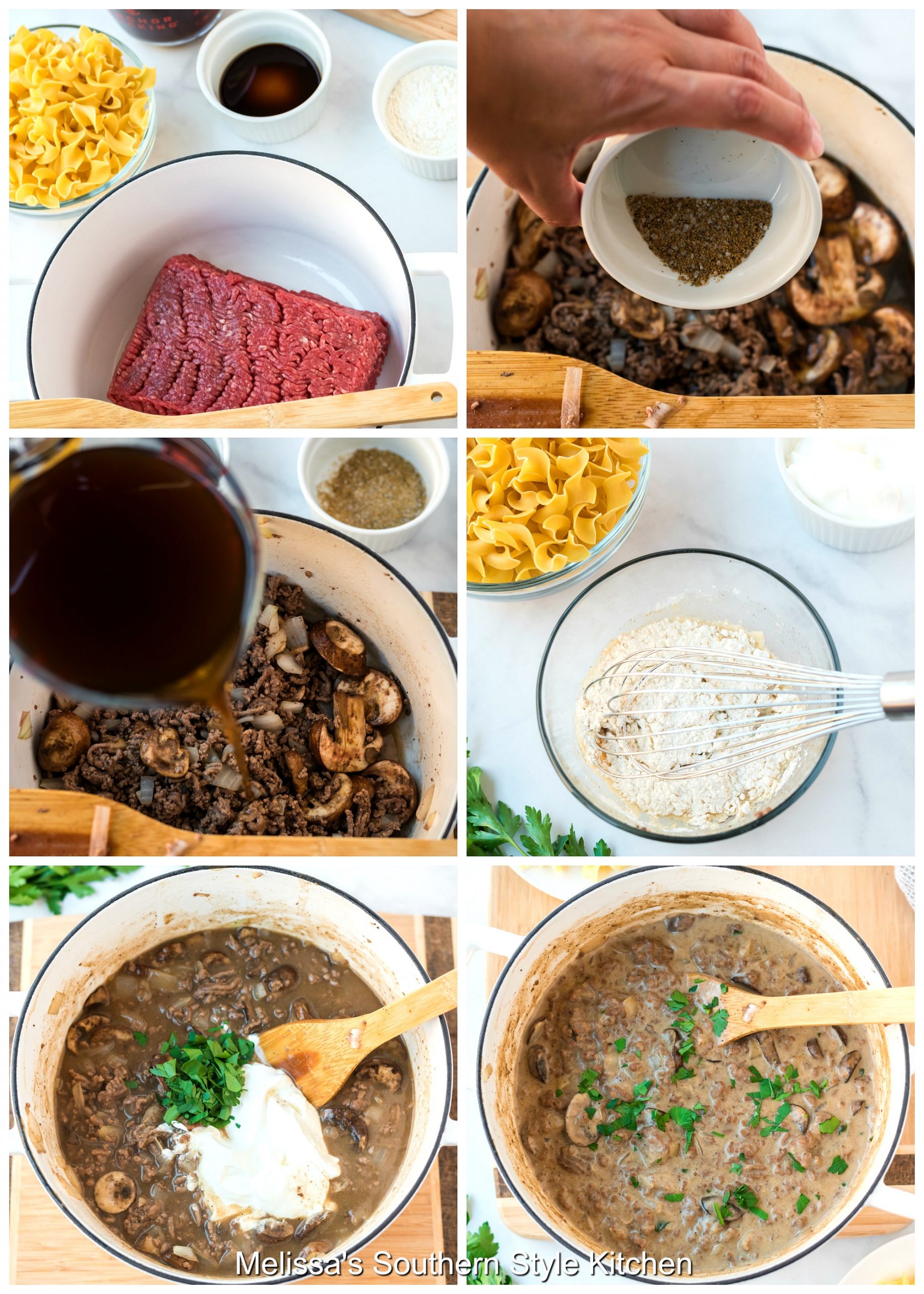 Step-by-step preparation images and ingredients for Ground Beef Stroganoff